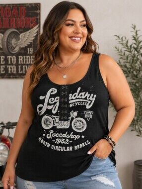 🏍️ Torrid Vintage Black Motorcycle Graphic Hook & Eye Tank Top Size 2